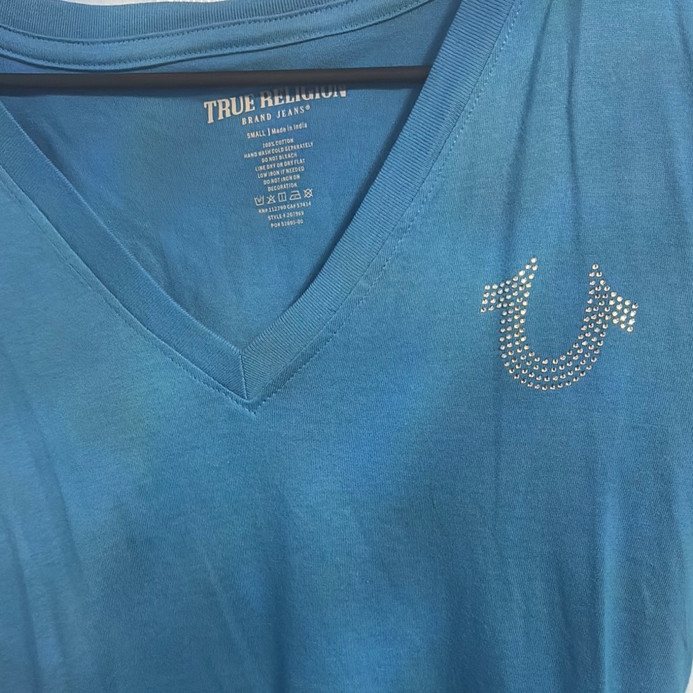 True Religion Teal V-Neck Tee with Rhinestone Logo